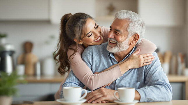 Hija adulta hispana abrazando con cari&ntilde;o a su padre mayor en una cocina acogedora