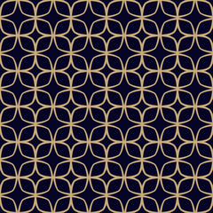 Vector black and gold linear ornament. Abstract geometric seamless pattern with outline grid, diamonds, net, lattice texture. Simple golden background. Luxury repeated design for decor, print, wrap