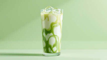 Refreshing Iced Matcha Latte in Minimal Glass with Condensation, Premium Photorealistic Beverage Photography.