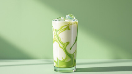 Refreshing Iced Matcha Latte in Minimal Glass with Condensation, Premium Photorealistic Beverage Photography.