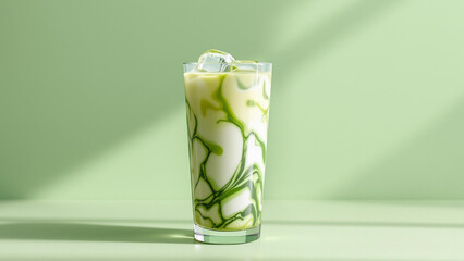 Refreshing Iced Matcha Latte in Minimal Glass with Condensation, Premium Photorealistic Beverage Photography.