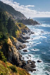 Coastal cliffs meet the crashing waves.