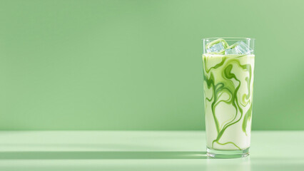Refreshing Iced Matcha Latte in Minimal Glass with Condensation, Premium Photorealistic Beverage Photography.