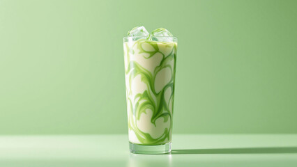 Refreshing Iced Matcha Latte in Minimal Glass with Condensation, Premium Photorealistic Beverage Photography.