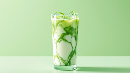 Refreshing Iced Matcha Latte in Minimal Glass with Condensation, Premium Photorealistic Beverage Photography.
