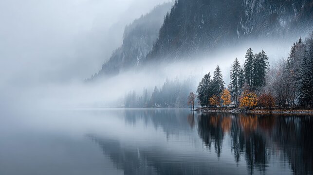 Misty lake nestled amidst snow-capped mountains