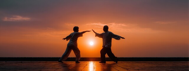 Senior Couple Performing Tai Chi on Rooftop at Golden Sunset