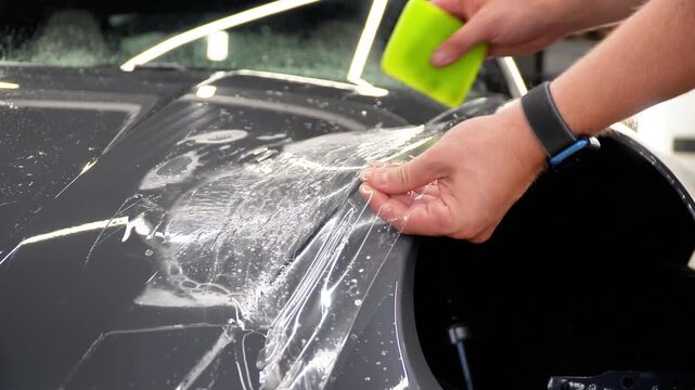 A car wrapping specialist applies a polyurethane film to the car. Detailer smoothes PPF. Car wrapping, detailing, tuning and styling. PPF protective film against chips and scratches. Car protection.