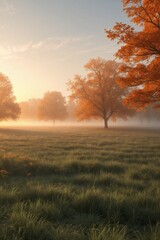 Fototapeta premium Misty Autumn Field with Scattered Trees in Golden Sunrise Light