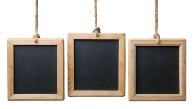 Mini Chalkboards Hanging on Rope with Natural Wood Frames Isolated on Transparent Background PNG