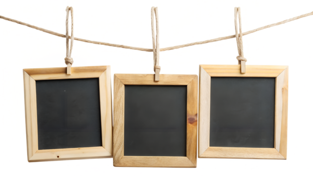 Mini Chalkboards Hanging on Rope with Natural Wood Frames Isolated on Transparent Background PNG