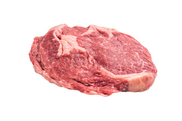 Raw Rib eye steak of marbled grain-fed beef isolated on white background