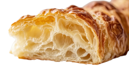 Close view of a flaky croissant reveals its golden brown texture and airy, layered interior, tempting all pastry lovers