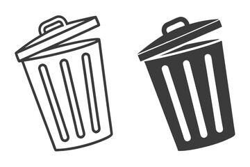 Two Open Lid Trash Bins Outline and Glyph Design on White Background