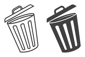 Two Trash Can Icons with Open Lid, Outline and Solid Fill on White Background
