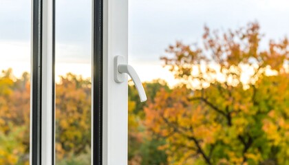 White window handle, autumnal trees blurred in background