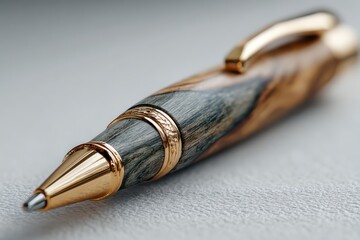 Fototapeta premium Elegant wooden pen with gold accents on a textured surface
