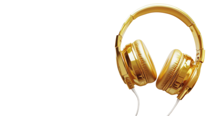 Shiny gold headphones on a white surface showcase their design, inviting music lovers to enjoy the sound