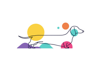 A whimsical stylized illustration of a dachshund dog with colorful geometric shapes and abstract designs in minimalist line art style