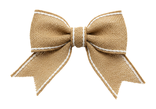 Burlap bow tie with white lace trim decoration for gift wrapping and rustic crafts