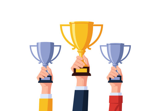 Celebrating victory and achievement with three shining trophies held high up