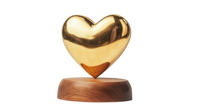 A shiny golden heart sculpture rests elegantly on a wooden base, emphasizing love and warmth in a simple design