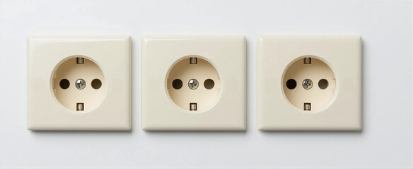 A neat horizontal shot of three cream-colored European wall outlets.