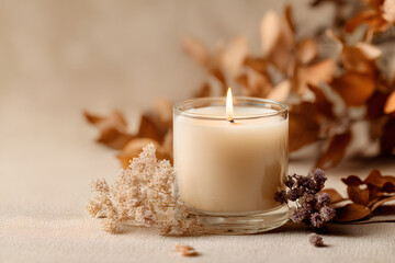 A vanilla scented candle is being burned on a beige background, creating a cozy and warm autumn atmosphere with dried leaves and flowers. This composition represents the comforts of home, spa