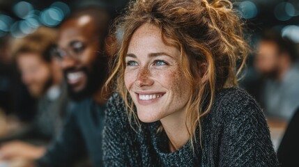 A young, happy redhead woman with freckles and a messy bun smiles thoughtfully while listening in a professional office meeting