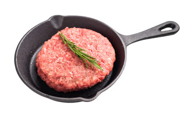 Ready for cooking Raw beef meat patties, cutlets with herbs  in pan isolated on white background