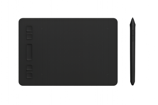 Photo of black graphic drawing tablet and stylus isolated on transparent background, a modern digital art tool for creative professionals and designers