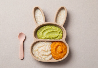 Baby food purees in a bunny-shaped plate