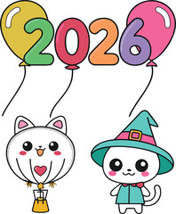 Vector art of cute kawaii cats with 2026 balloons isolated on white background