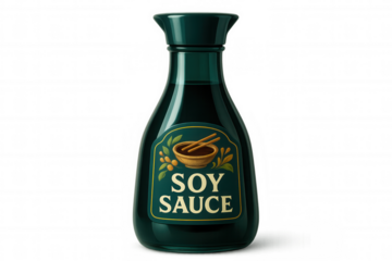 Glass bottle of soy sauce with chopsticks and bowl on label, isolated on transparent background, ready for integration into diverse projects