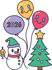 Vector art of festive 2026 new year illustration with snowman, tree and balloons