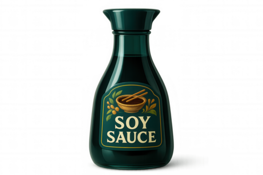 Glass bottle of soy sauce with chopsticks and bowl on label, isolated on transparent background, ready for integration into diverse projects
