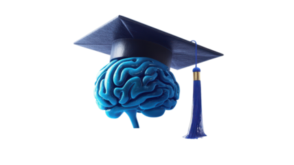 A blue brain sculpture topped with a graduation cap symbolizes academic achievement and creativity in learning