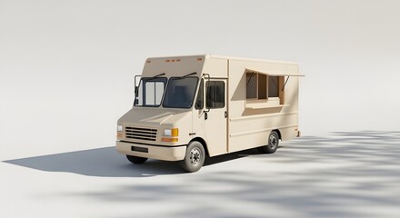 Modern beige food truck with open serving window ready for business