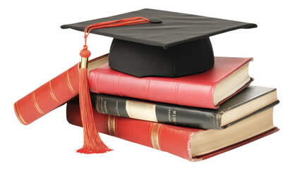 A graduation cap sits on a pile of red books, representing knowledge, education, and the achievement of academic goals