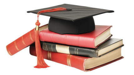 A graduation cap sits on a pile of red books, representing knowledge, education, and the achievement of academic goals