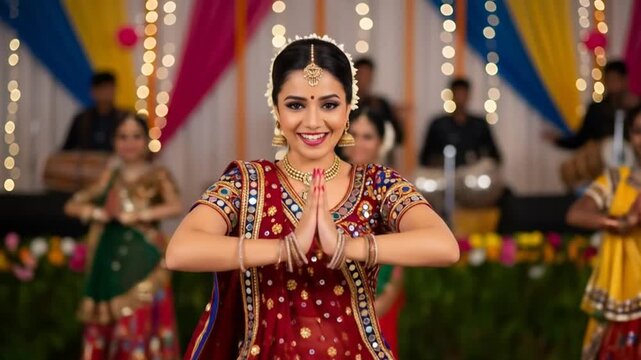 young indian woman dancing at garba