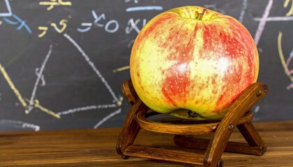 A green and red apple sits on a wooden stand in front of a chalkboard with mathematical equations