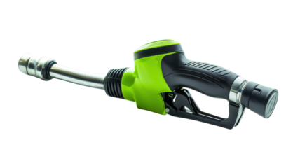 A green and black fuel nozzle rests against a clean surface, ready for vehicle refueling at a gas station