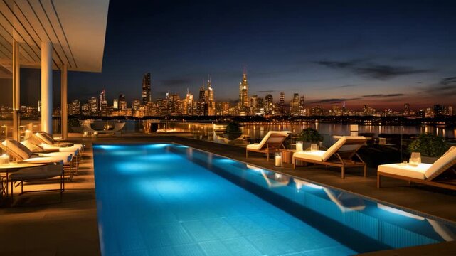 Luxury Rooftop Pool Overlooking City Skyline at Sunset
