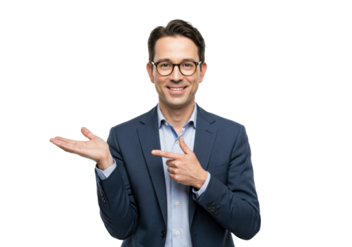 Professional, 20s-40s, in business casual, smiling with eye contact, open palm gesture & pointing on transparent studio background, concept of clear business guidance