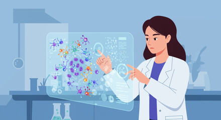 Scientist Analyzing Microscopic Organisms on Futuristic Display
