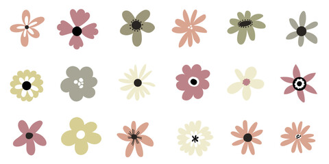 Vector abstract simple groovy flowers in minimalist style. Spring daisy, rose collection for postcard, sticker decoration.
