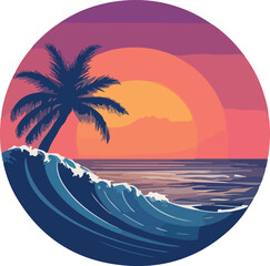 Tropical Sunset Illustration with Palm Tree and Ocean Wave