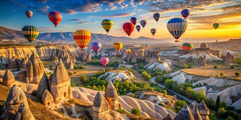 Hot air balloons flying over Cappadocia Turkey