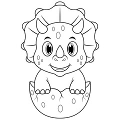 Cartoon baby triceratops hatching from egg line art